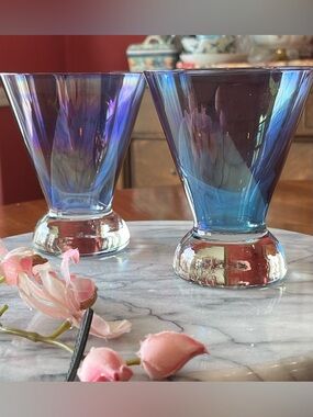 VTG Mexican Hand-Blown Iridescent Martini Glasses 2-pc Heavy Weighted Base